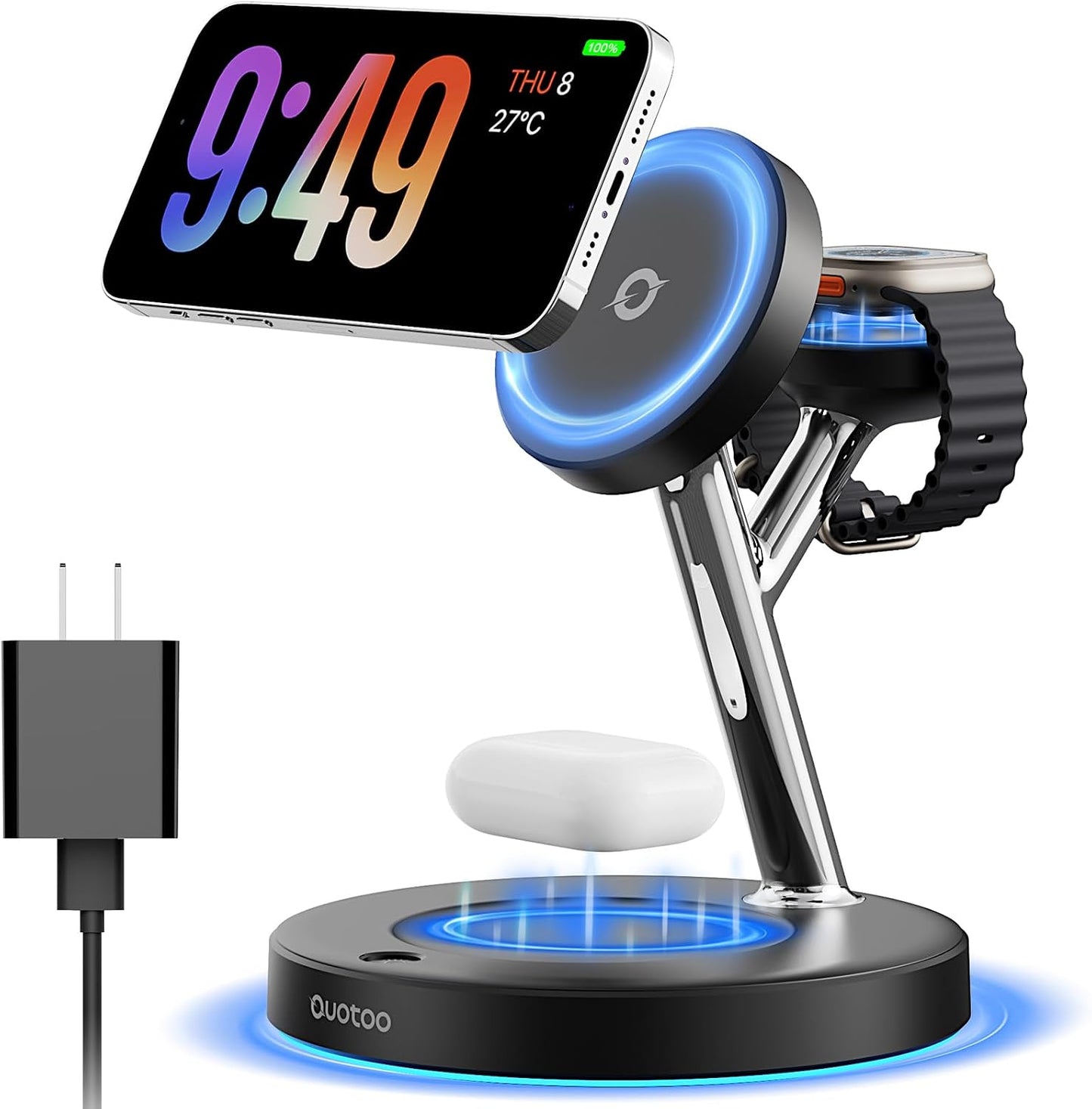 【Adjustable Blue Ambient Light】 Wireless Charger 3 in 1 for iPhone, Magnetic Charging Station for Apple Family,15W Fast MagSafe Charger Stand,for iPhone17-12-iWatch AirPods Series