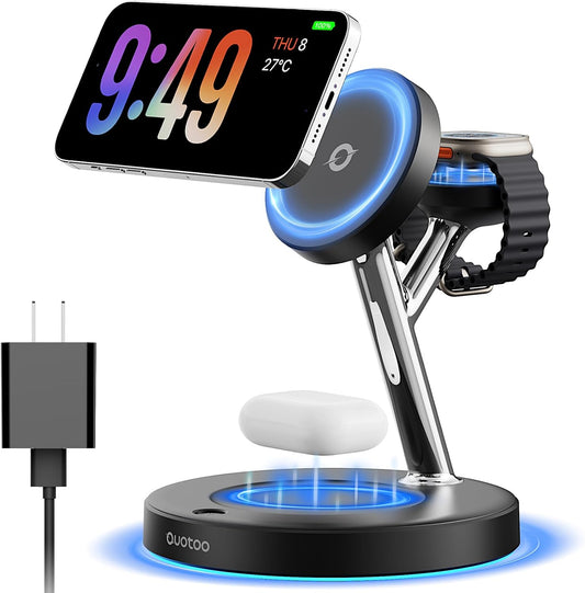 【Adjustable Blue Ambient Light】 Wireless Charger 3 in 1 for iPhone, Magnetic Charging Station for Apple Family,15W Fast MagSafe Charger Stand,for iPhone17-12-iWatch AirPods Series