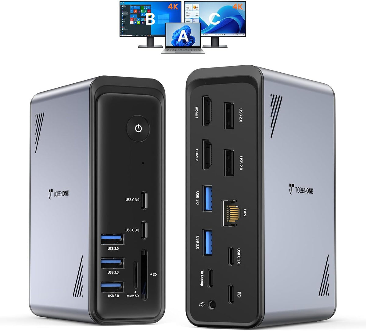 TobenONE 19-in-1 Laptop Docking Station Dual Monitor,10 USB C/A,2×4K HDMI
