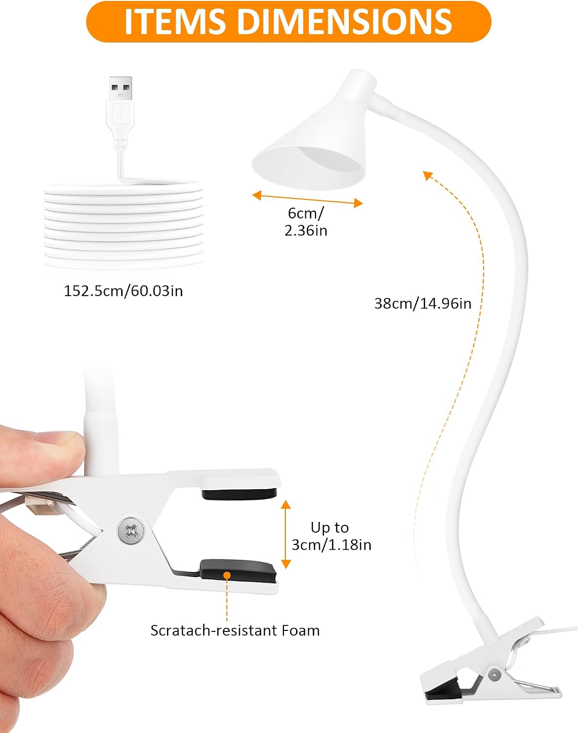 LiFMIRA Desk Lamp Clip on Light USB Reading Light 3 Color Modes White