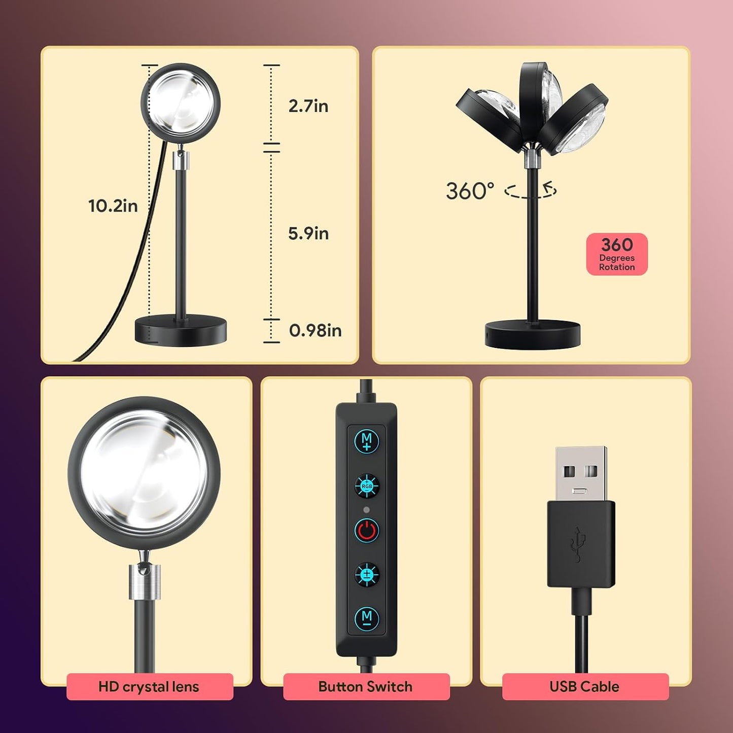 Sunset Lamp Projector Led Lights with Remote ,APP Push Button Control Night Light RGB Lights Sun Sunlight Sunrise Lamp 360° Rotation Mood Lighting Home/Room Decor Gifts for Women,Desktop Multicolor