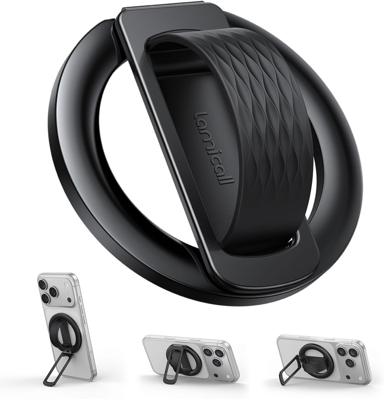 Lamicall Magnetic Phone Grip for MagSafe - Ultra Soft Finger Silicone Loop | Durable Vertical Zinc Alloy Stand Kickstand, Magnet Cell Phone Ring Holder for iPhone 17/16/15/14/13/12 Series & Androids