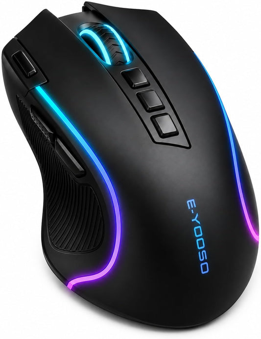 E-YOOSO Ergonomic Wireless Gaming Mouse, Tri-Mode, Rapid Fire Key, 8000 DPI | 9 programmable buttons, 6 RGB modes, 75-hour battery, contoured thumb rest, 1000Hz polling, for right-handed gaming and work