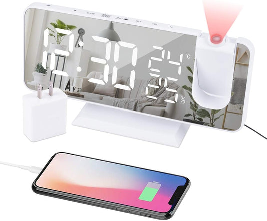 Projection Alarm Clock for Bedroom Ceiling Digital Clock Radio with USB Charger Ports, 7.3" Large LED Screen, 4 Dimmer, Dual Alarm Clock with 2 Sounds, Snooze, White