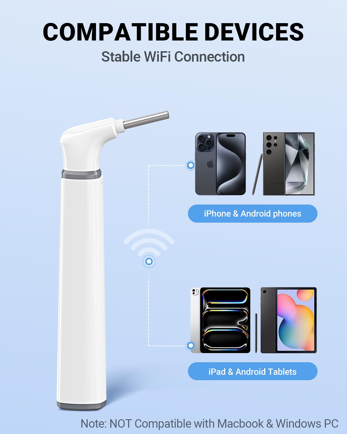 WiFi Otoscope, HD Otoscope Camera with Light, Ear Checker for Kids & Adults | Wireless Ear Scope, Compatible with iPhone & Android, 3.9mm Thin lens, 6 LED lights, Split-Screen View, Photo & Video Taking