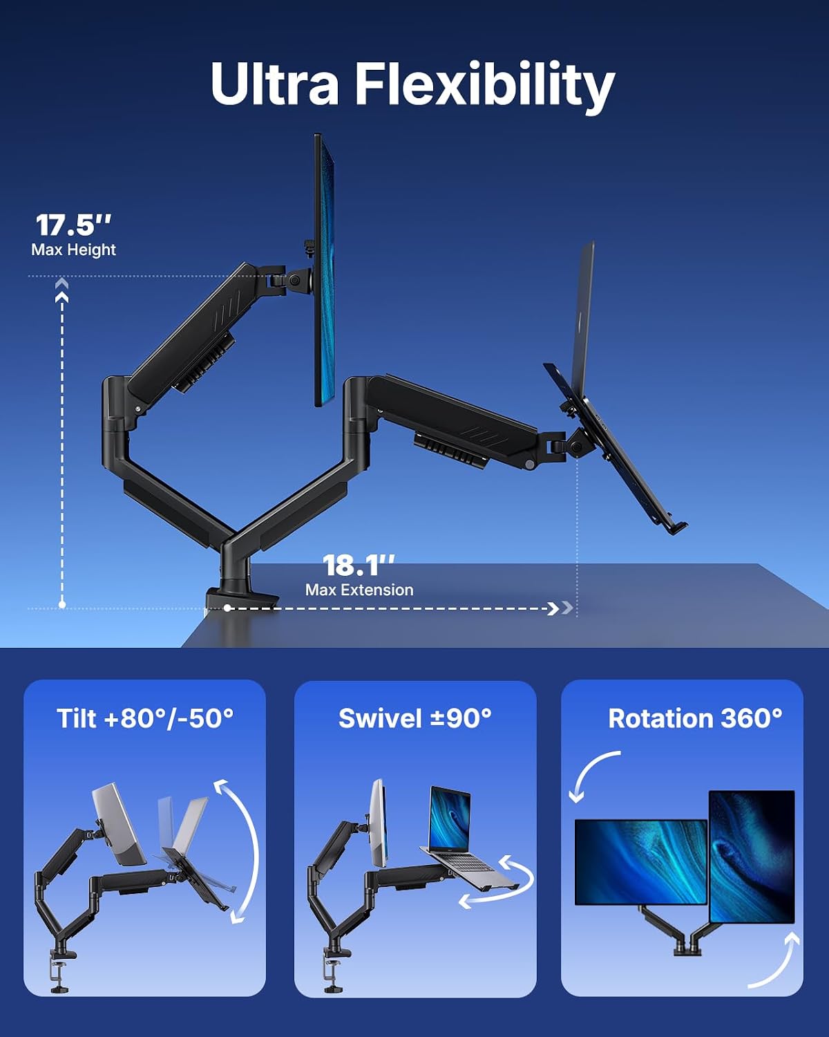 HUANUO Dual Monitor Arm with Laptop Tray, 13-32" Monitor, 17" Laptops