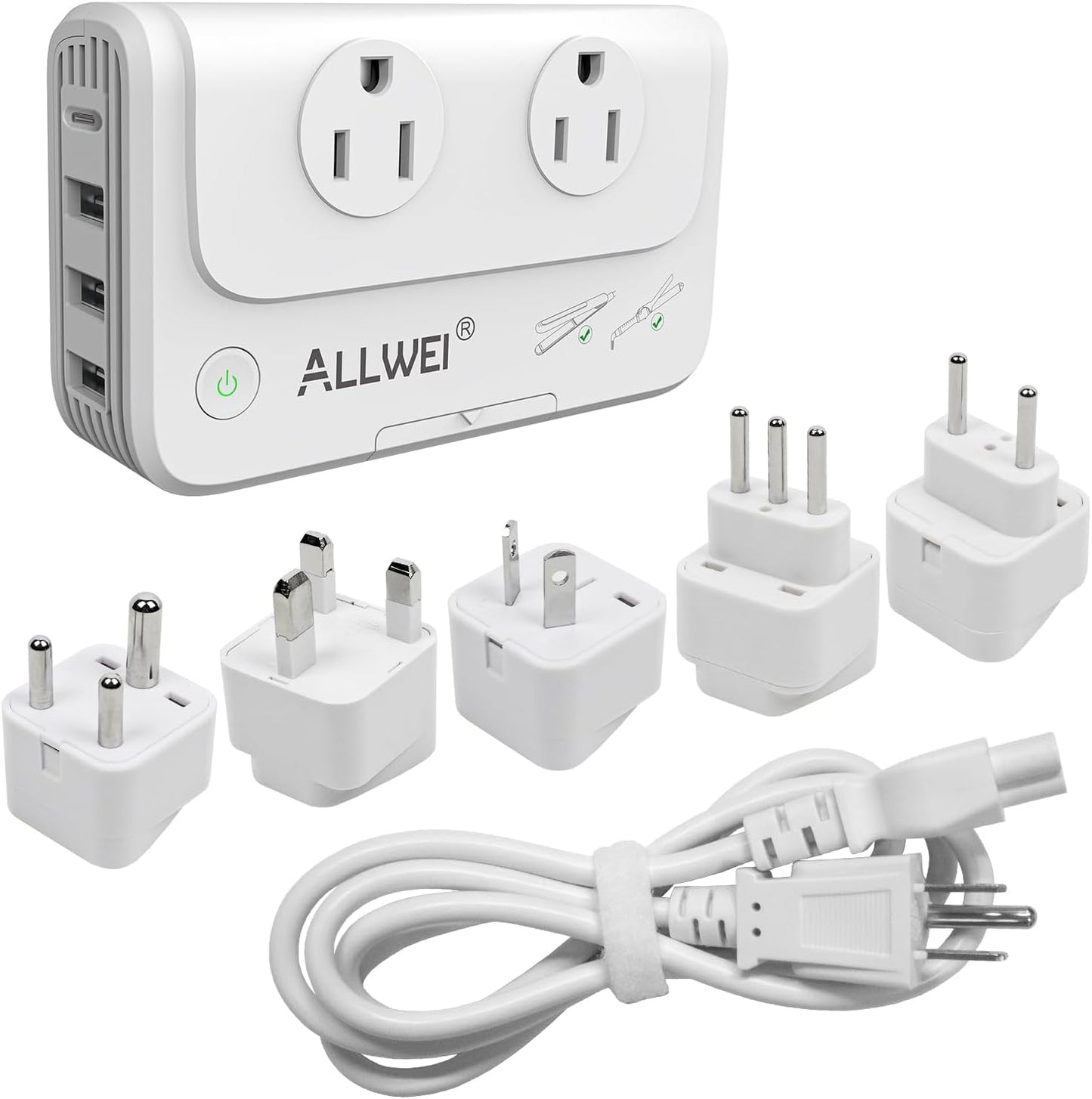 ALLWEI International Travel Adapter 220V to 110V Power Voltage Converter | for Hair Straightener/Curling Iron, Universal Power Plug Adapter UK, US, AU, EU, IT, India (White)