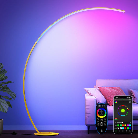 RGB Floor Lamp with 3 Color Temperatures, Ultra Bright 1800LM Smart Arc LED Floor Lamp with Remote Control, Music Sync, Scene Modes, Modern Standing Tall Lamp for Bedroom Living Room Gaming Rooms-Gold
