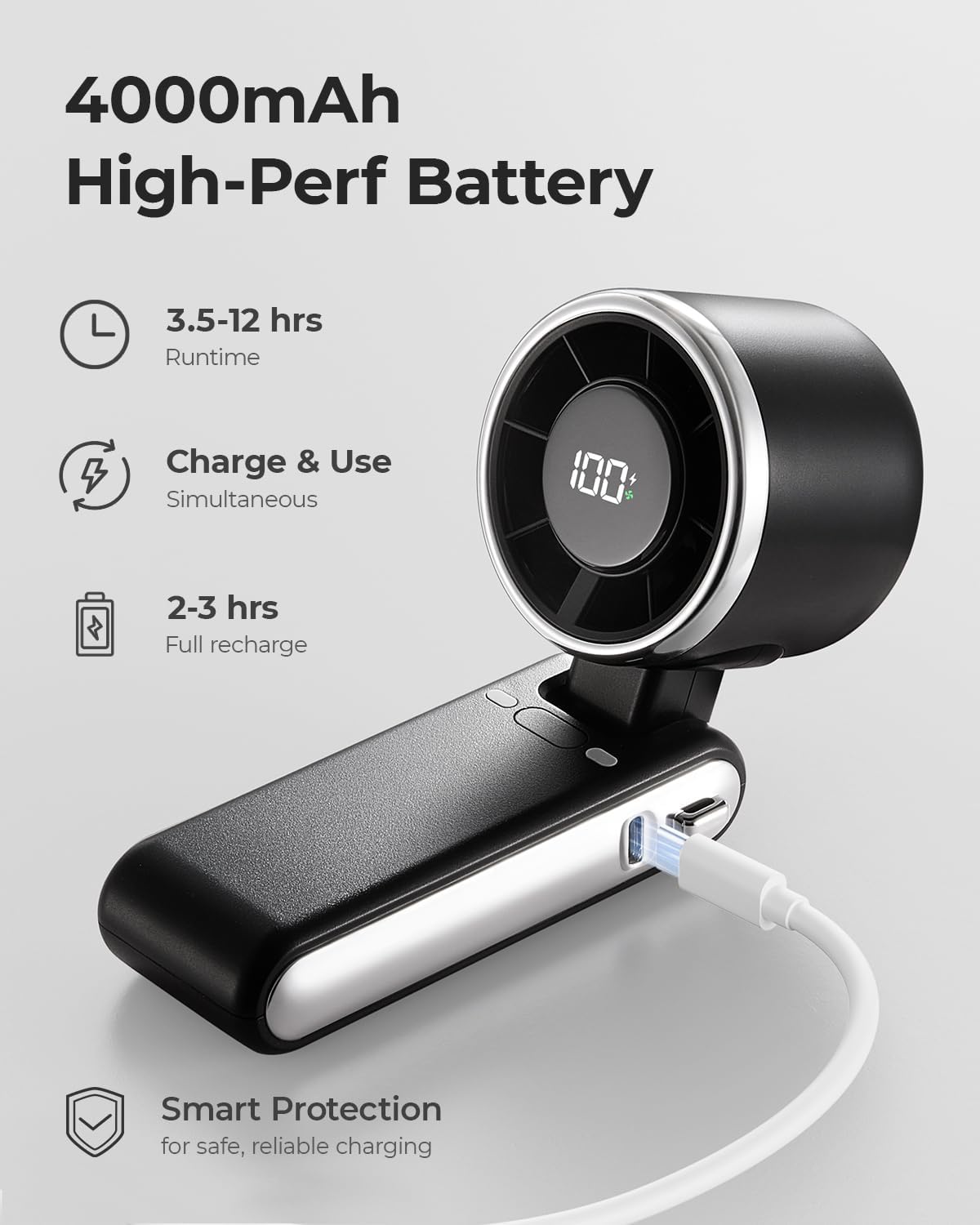 Portable Handheld Turbo Fan - 5 Gear High Speed 4000mAh Rechargeable Mini Personal Hand Fan Blow Cold Air, Battery Operated Travel Essentials, Beach Vacation, Gifts for Women, Men (Black)