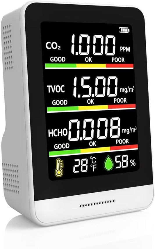 22 HOBBIES Air Quality Monitor Indoor,8-in-1 Smart Air Quality Tester with CO2, TVOC, HCHO, AQI, Temperature & Humidity, Real Time Display, Battery Powered, for Home & Office(White)
