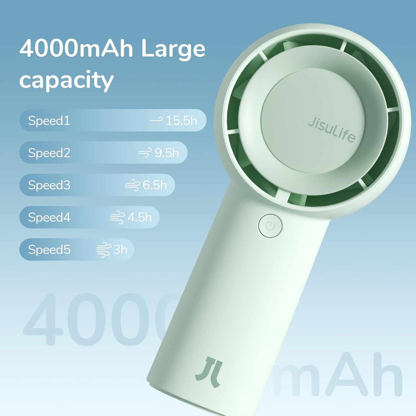 JISULIFE Portable Handheld Turbo Fan Rechargeable 4000mAh 5-Speed (Green) | Up to 16H max cooling, Personal Battery Powered Pocket Fan for Travel/Outdoor/Vacation/Concerts, Birthday Gifts for Women