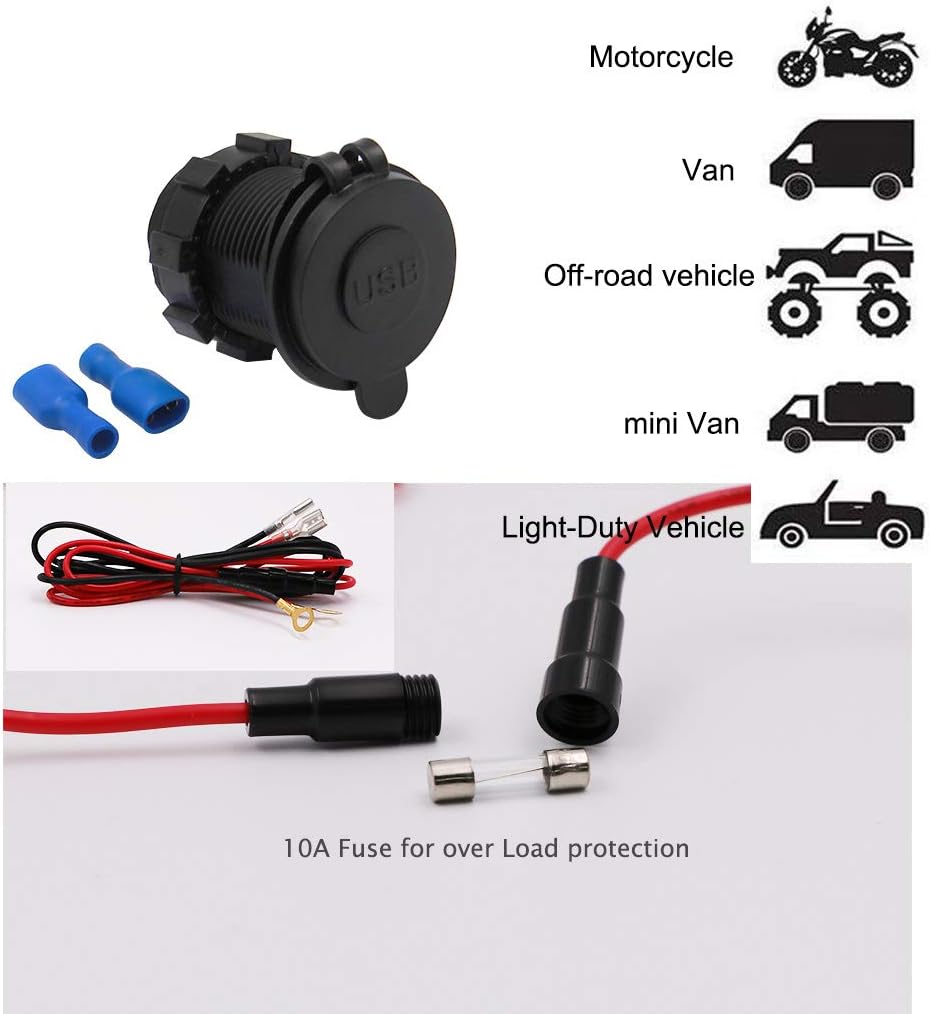 Dual USB Charger Socket Waterproof Power Outlet 12V/24V 2.1A & 2.1A for Car Boat Marine RV Mobile Blue LED
