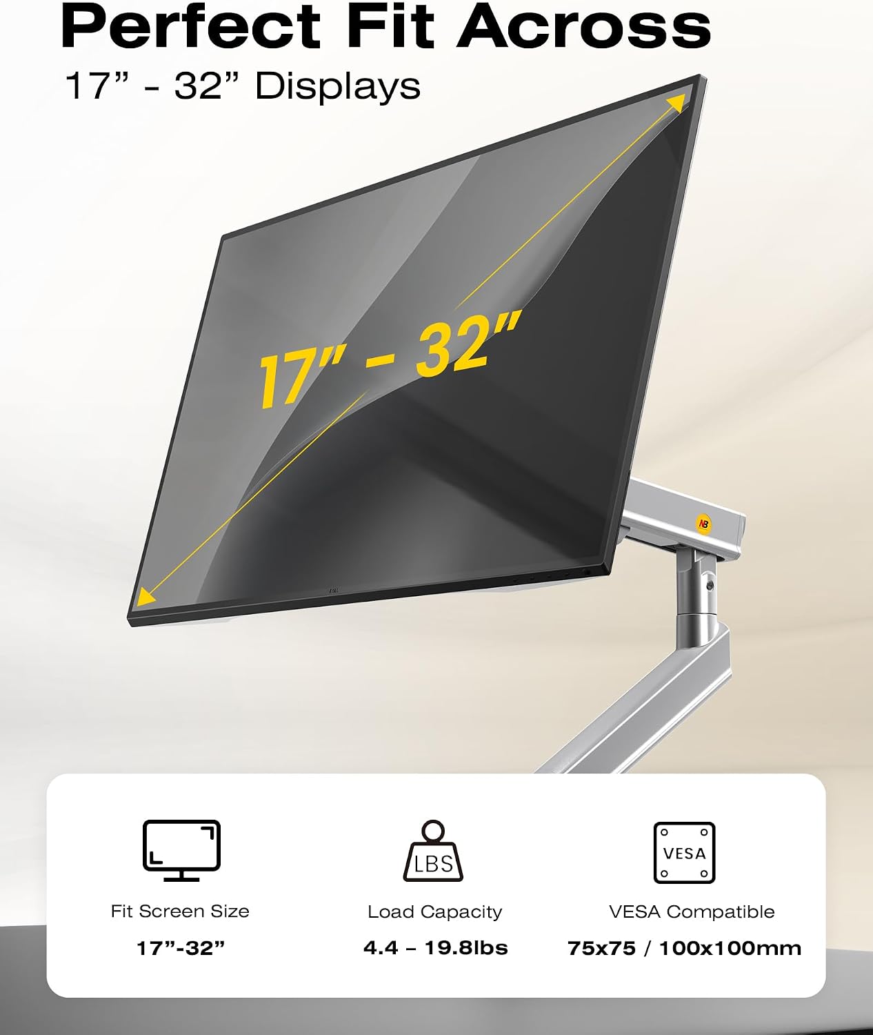 NB SmooVex™ Single Computer Monitor Mount, Monitor Stand fits up to 32 Inch, Mechanical Spring Monitor Arm, VESA 75/100 mm, Model-A5 (Silver)