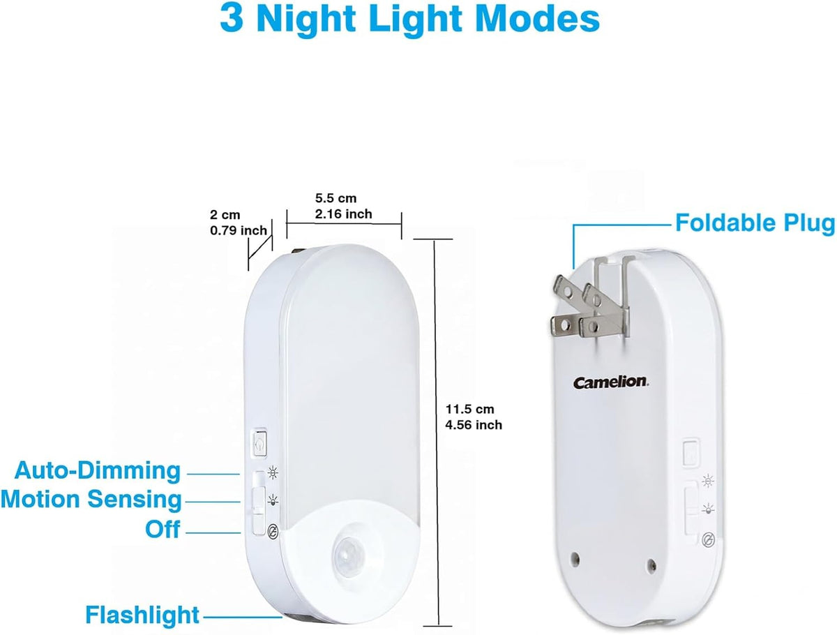 Camelion 4-in-1 Power Failure Night Light,Flashlight,Motion Sensing, 3-Pack | Rechargeable LED Plug-In Light,Battery Backup for Emergency & Power Outages,Dusk-to-Dawn Auto On, ETL Safety Certified