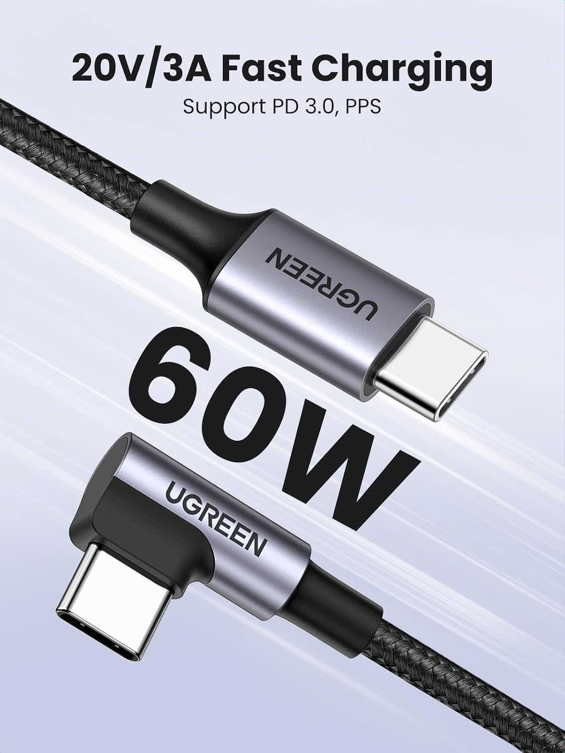 UGREEN 60W Right Angle USB C Cable, Fast Charging Cable, 10ft