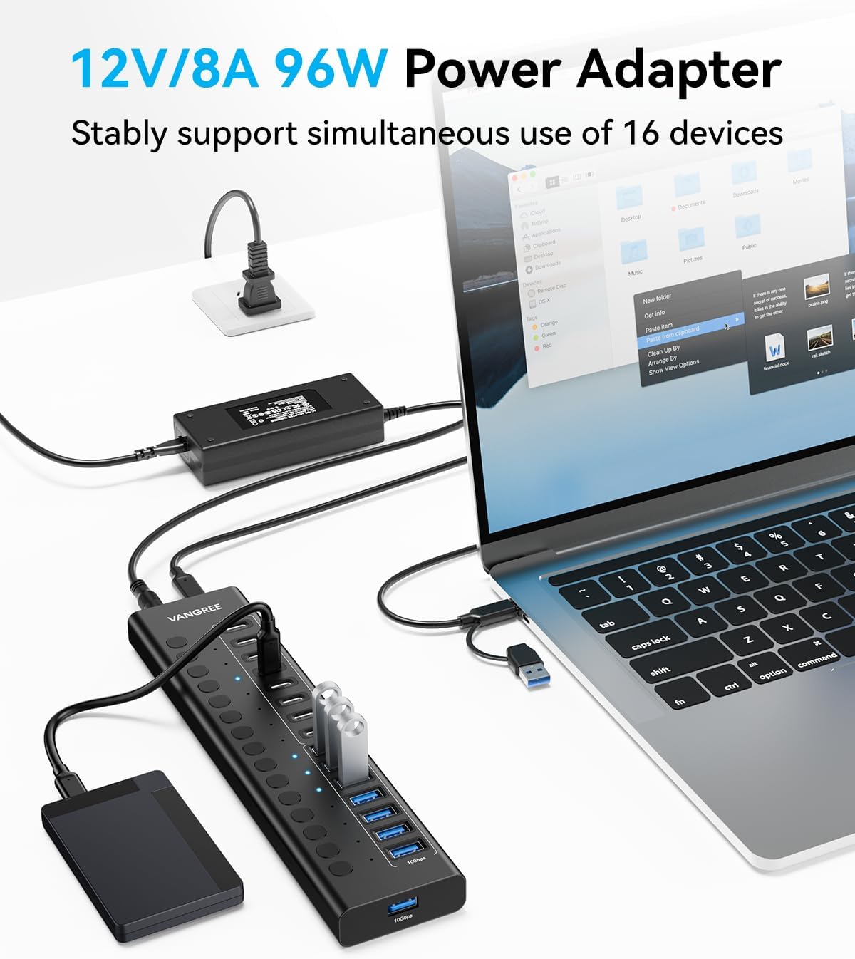 VANGREE Powered USB Hub,16 Ports 10Gbps USB C Hub, 8*USB-A 3.2+8*USB-C 3.2