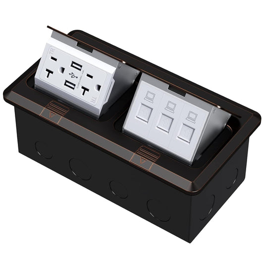 Dual Pop-Up Floor Electrical Outlet Box Kit，20 Amp Stainless Steel USB TR Receptacle Outlet，3-Port RJ45 Datacom Receptacle，Oil Rubbed Bronze