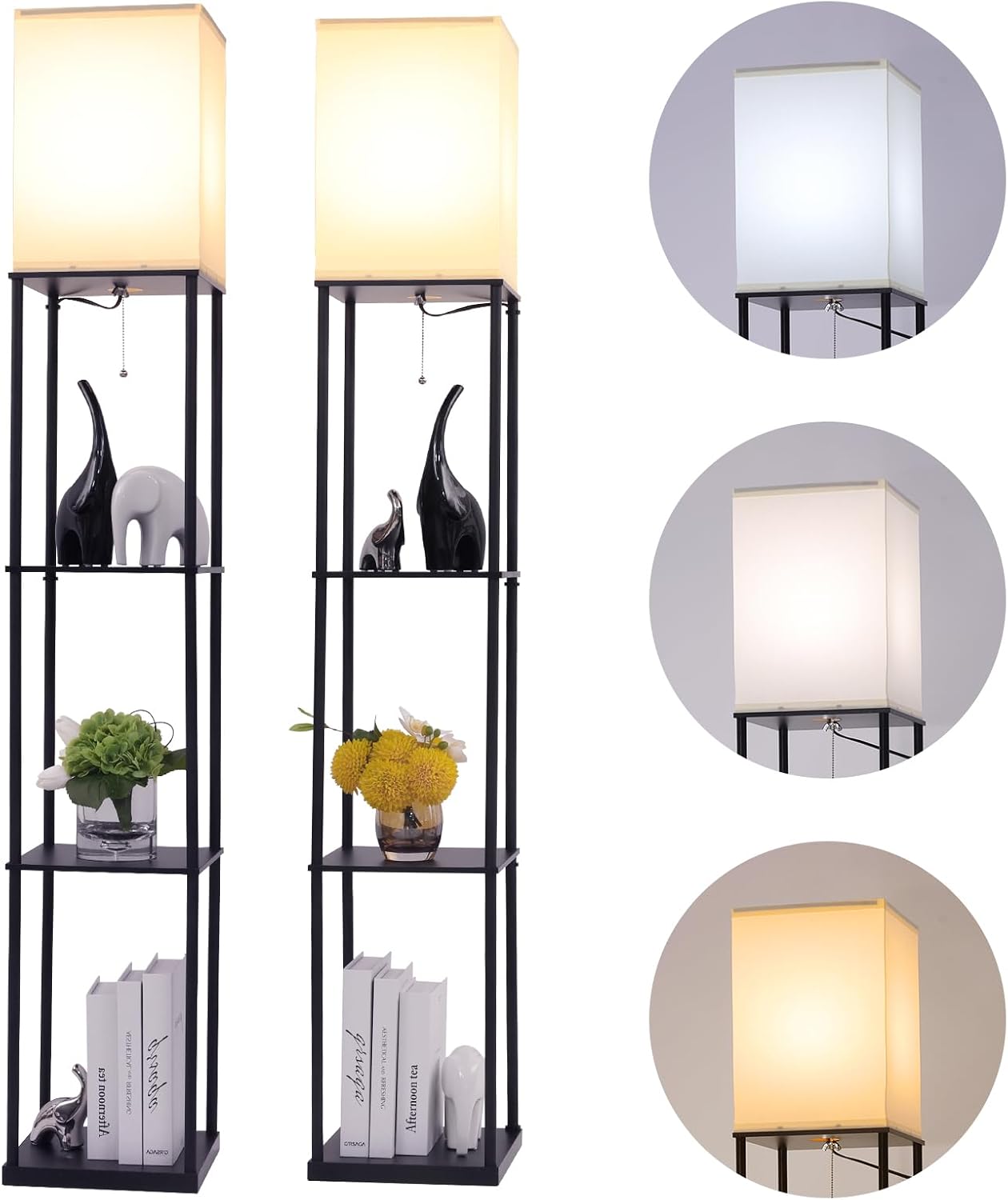 Gupuzm Floor Lamp with Shelves, Modern Square Standing Lamp with 3 Color Temperature Bulb, Corner Display Bookshelf Lamp for Living Room, Bedroom and Office (Black-2 Pack)