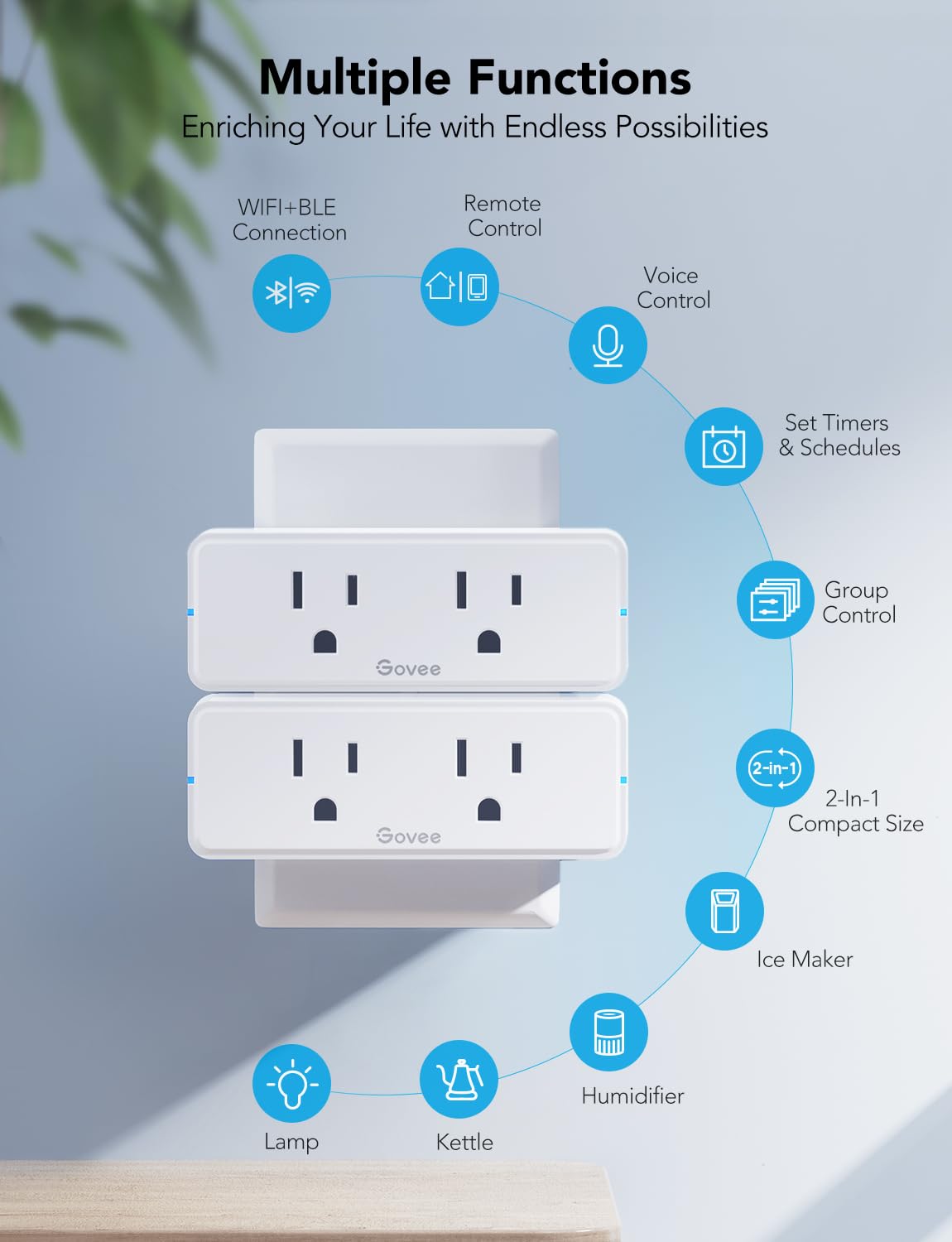 Govee Dual Smart Plug 4 Pack, 15A WiFi Bluetooth Outlet, 2-in-1 Design | Works with Alexa and Google Assistant, Remote Control via Govee Home App without Hub. Supports Timer, FCC and ETL Certified