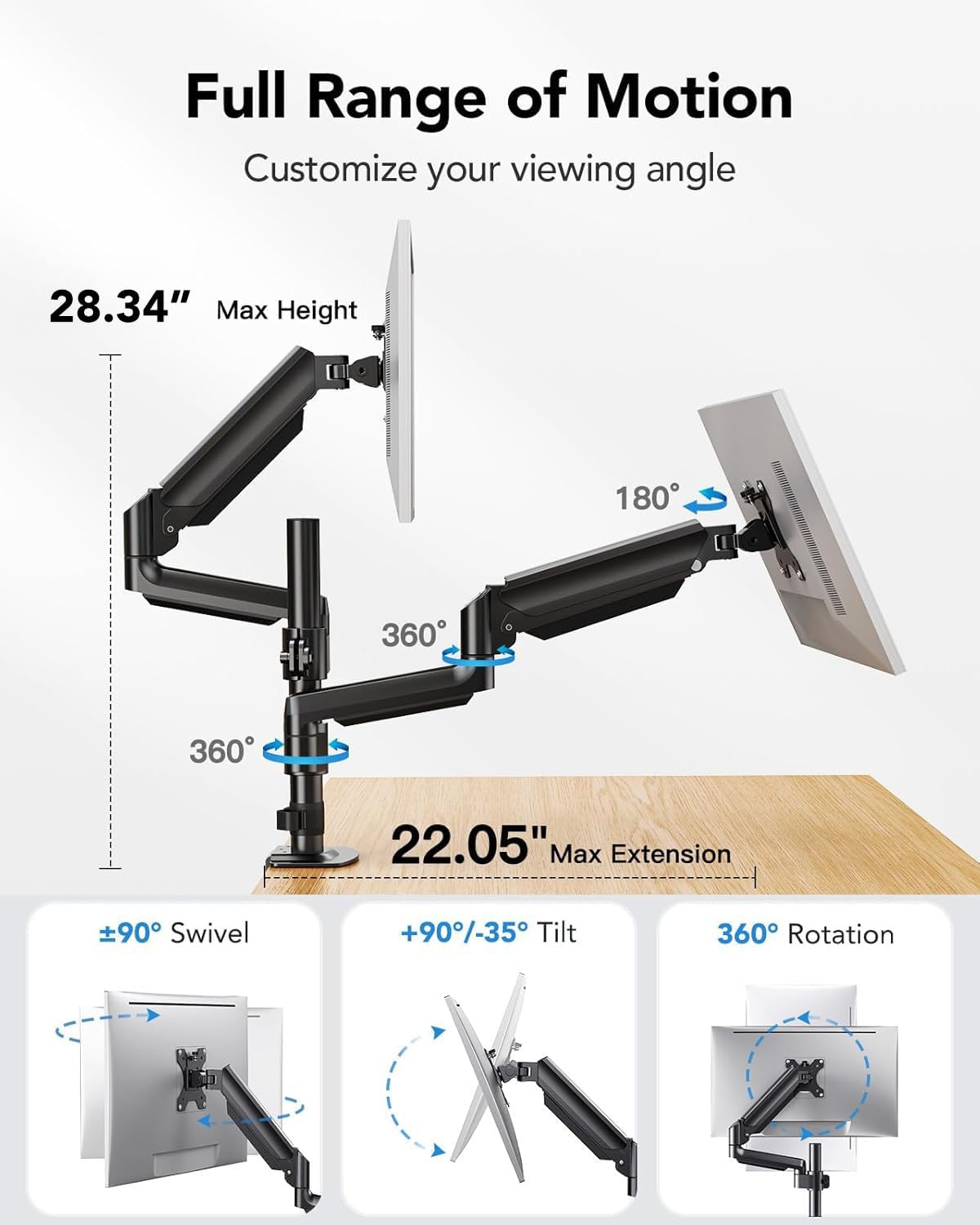 HUANUO Dual Monitor Mount up to 32 inches Screens, Taller Monitor Stand Hold 19.8lbs, Dual Monitor Arm Desk Mount Easy Adjustable with Tilt, Swivel, Rotation, VESA 75/100mm