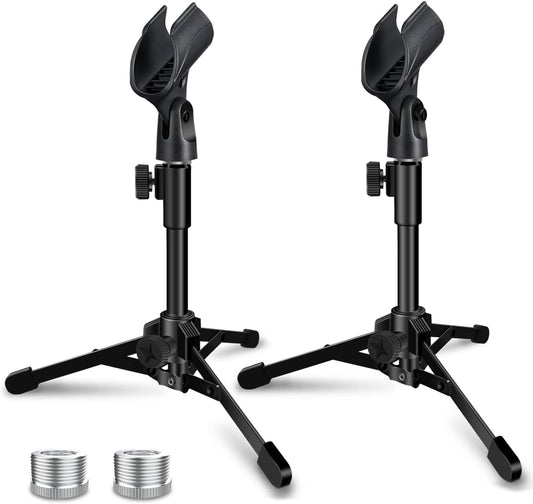 2 Pack Desktop Mic Stand, Portable Foldable Tripod with Mic Clip Holder, Adjustable Microphone Stand For Dynamic Microphone.