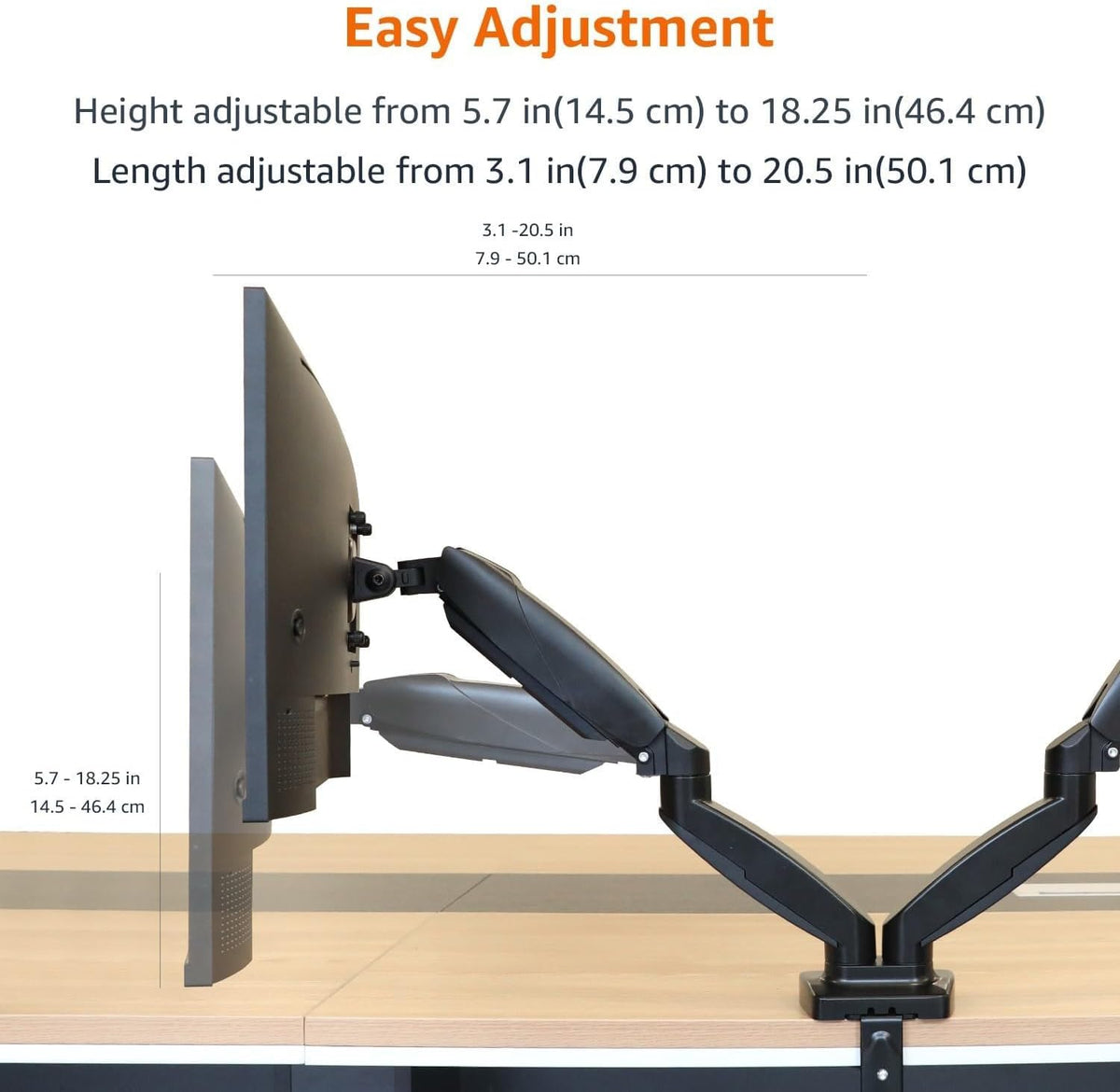 Amazon Basics Gas Spring Dual Monitor Arm Desk Mount, Adjustable Tension, Fits 15–27 Inch Monitors, Supports 4.4–15.4 lbs Each Arm, VESA 75x75/100x100, Black