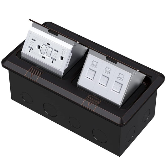 Dual Pop-Up Floor Electrical Outlet Box Kit，20 Amp Stainless Steel GFCI TR Receptacle Outlet，3-Port RJ45 Datacom Receptacle，Oil Rubbed Bronze