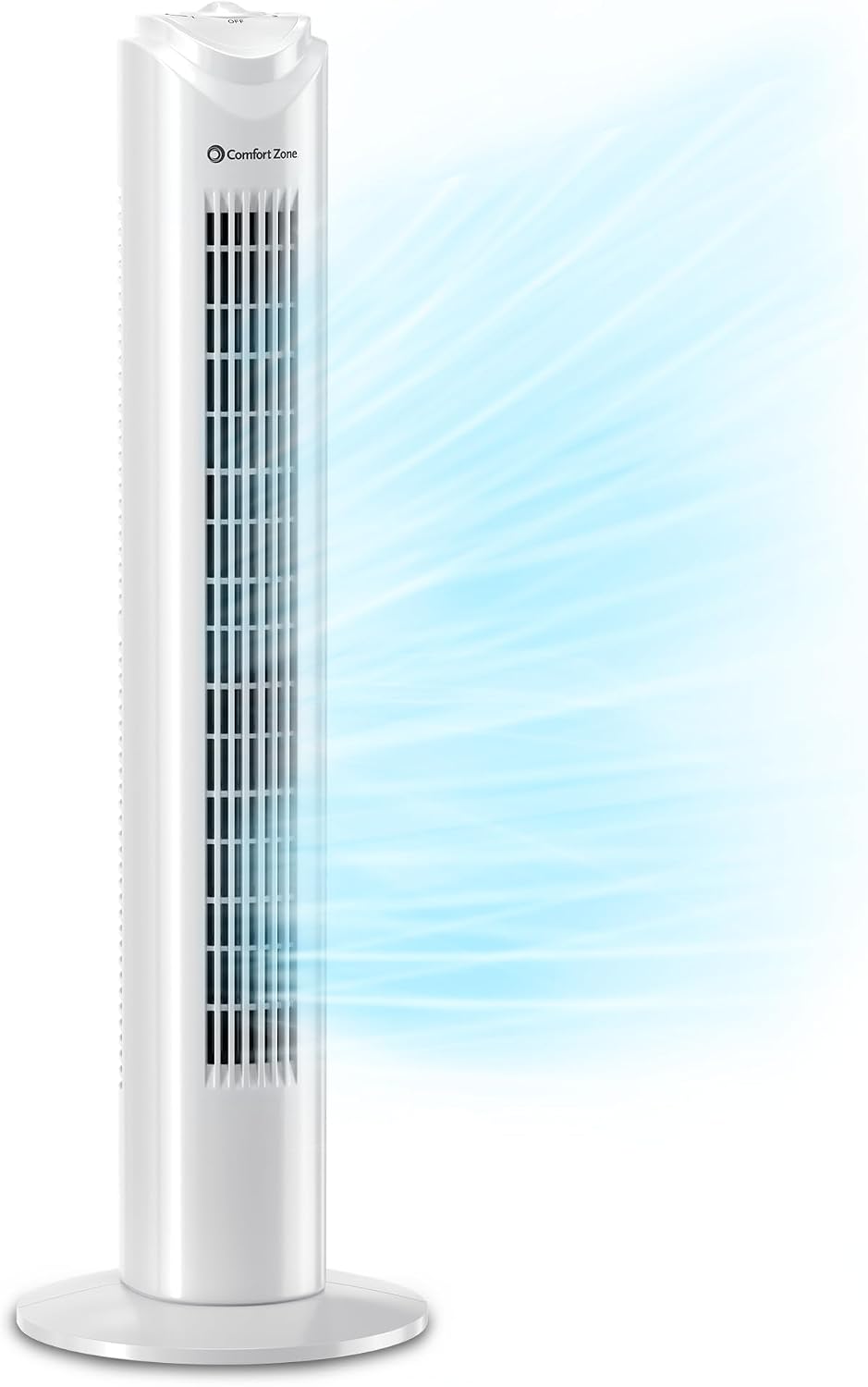 Comfort Zone 32-Inch Oscillating Tower Fan – Ultra-Slim Bladeless Design with 3 Speeds, 90° Wide Oscillation & Built-in Carry Handle – Quiet Portable Standing Fan for Bedroom, Home, or Office, White