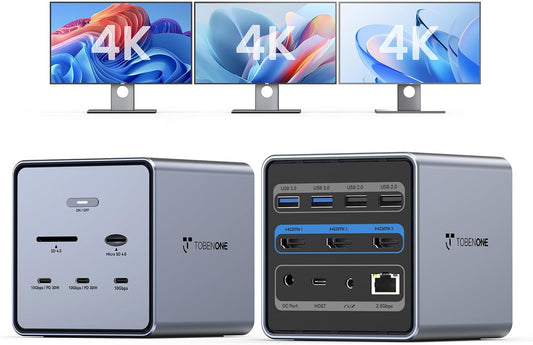 TobenONE 16-in-1 Laptop Docking Station Triple 4K Monitor,150W Power Supply | 30W Fast Charging, 7 USB, 3HDMI, 2.5G Ethernet, SD/MicroSD 4.0, USB-C Docking Station for Thunderbolt 5/4 Windows/Dell/Lenovo