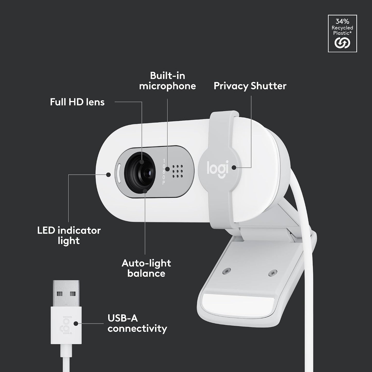Logitech Brio 100 Full HD 1080p Webcam for Meetings and Streaming, Auto-Light Balance, Built-in Mic, Privacy Shutter, USB-A, for Microsoft Teams, Google Meet, Zoom and More - Off White (Renewed)