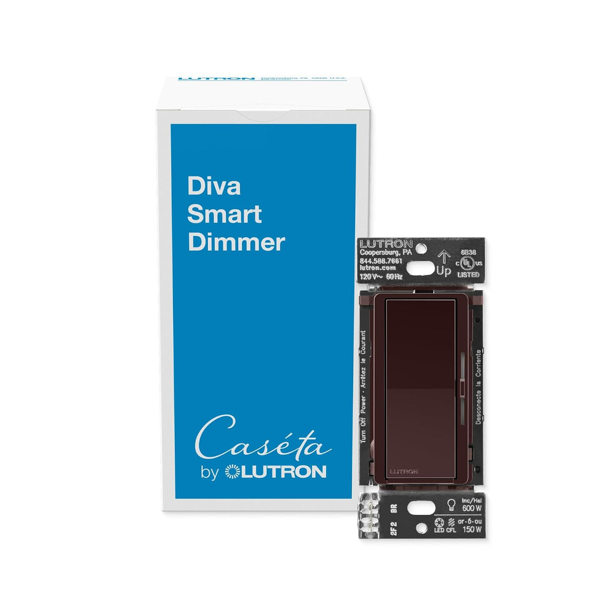 Lutron Caseta Diva Smart Dimmer Switch (Smart Hub Required), No Neutral Req | For Caseta systems, no neutral required, soft glow light bar, single-pole/3-way, DVRF-6L-BR, Brown