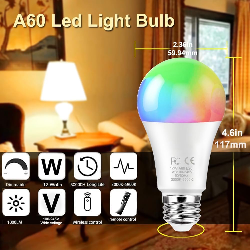 GRV E26 12W Smart LED Bulb with a 2.4GHz Remote Control,RGBCW Color Changing Led Bulb,Stepless Dimmable 3000-6500K,100W Incandescent Lamp Equivalent,A19 1000Lumens,CRI>80,Home Decor,1 Bulb & Remote