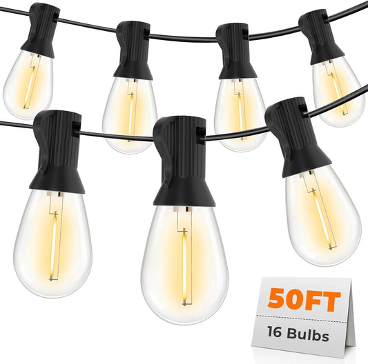 GvvooHome 50FT LED Outdoor String Lights with 16 Shatterproof Waterproof Replaceable Bulbs(1 Spare), 2700K Commercial Grade Patio Lights, Outside Hanging Light for Yard Garden Porch Deck Decor