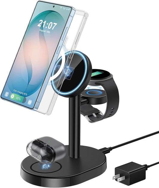 Hevanto 3 in 1 Wireless Charger for Samsung Galaxy, 15W Magnetic Super Fast Charging Station for MagSafe Samsung Galaxy S26 Ultra S25 S24 S23 Z Fold Flip Watch 8 7 Classic Buds 4 3 2 Pro Series