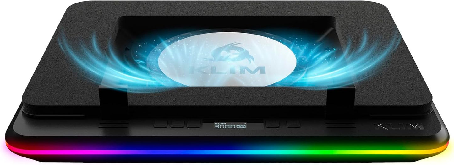 KLIM Turbofrost MAX Gaming Laptop Cooling Pad, Patented TurboFan XL | Smart Inlay for direct airflow, dual USB-C/DC power, 3 extra USB ports, up to 17.3in, LCD, RGB, Adjustable Speed