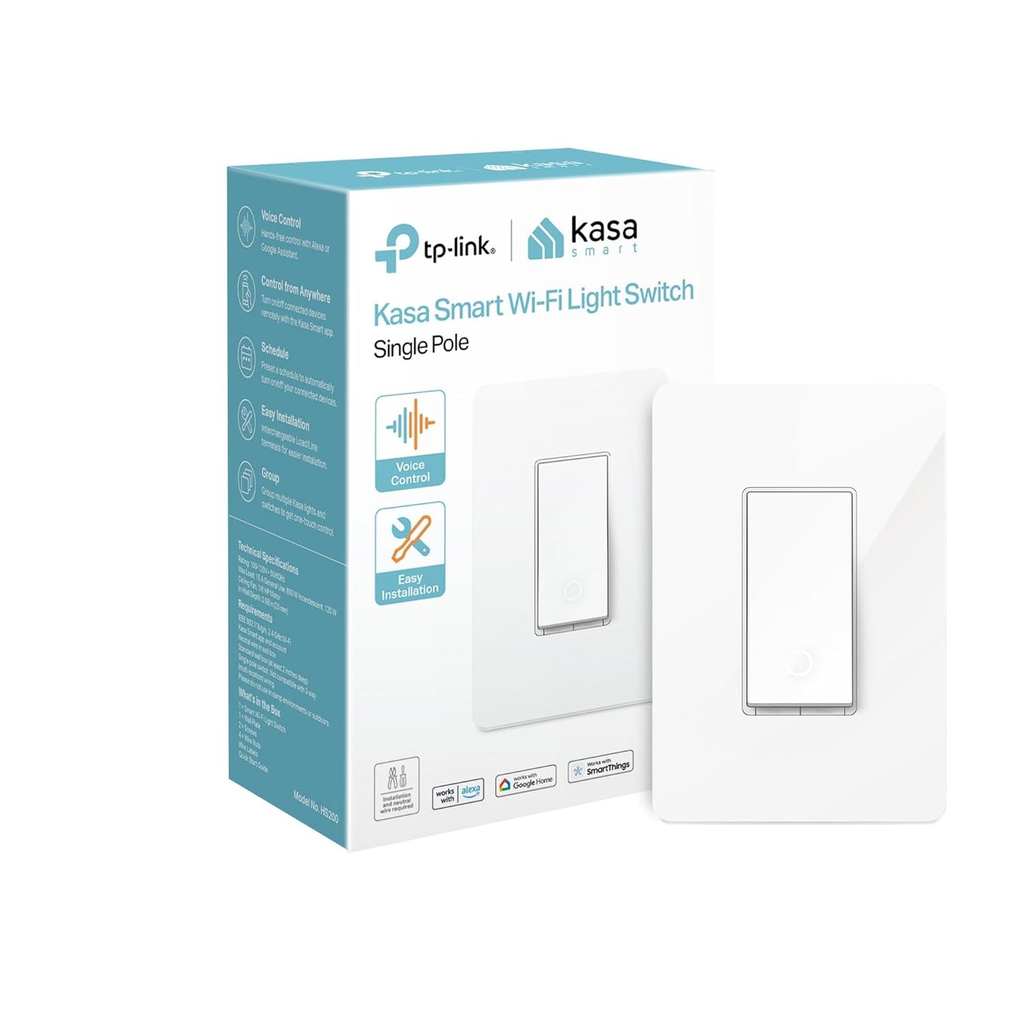 Kasa Smart Light Switch HS200, Single Pole, Needs Neutral Wire, 2.4GHz Wi-Fi Light Switch Works with Google Home, UL Certified, No Hub Required, White | 2.4GHz Wi-Fi, Works with Alexa & Google Home, UL Certified, No Hub Required, White