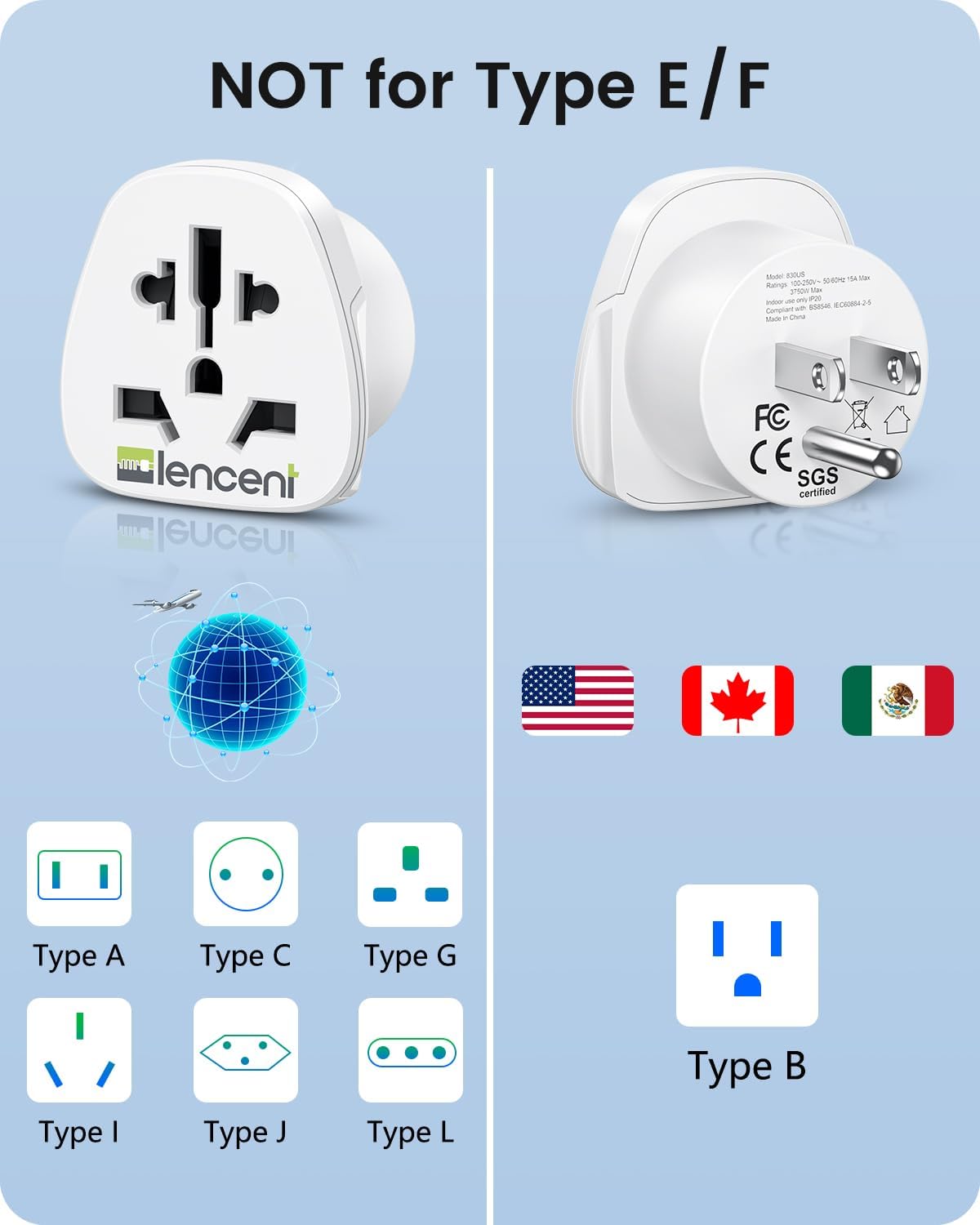 LENCENT World to US Plug Adapter, [2 Packs] European EU Europe/UK/Australia | China/Italy to USA American Outlet Power Adaptor Travel Plug Adapter
