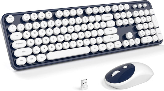 MOFII Wireless Keyboard and Mouse Combo, Computer Full Size 2.4G Plug and Play Wireless Typewriter Retro Round Keyboard and Mouse Set for Windows, Computer, Desktop, PC, Notebook - (Dark Blue)
