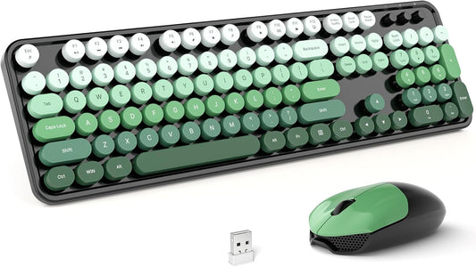 MOFII Wireless Keyboard and Mouse Combo, Full Size 2.4G Plug and Play Typewriter Retro Round Computer Keyboard and Mouse Set for Windows, Computer, Desktop, PC, Notebook - (Black Green Gradient)