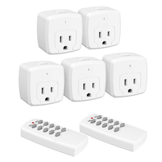 HBN Remote Control Outlet with 100FT RF Signal, Wireless On Off Switch Plug for Household Appliances, Battery Included, 15A/1875W(5 Outlets + 2 Remotes)