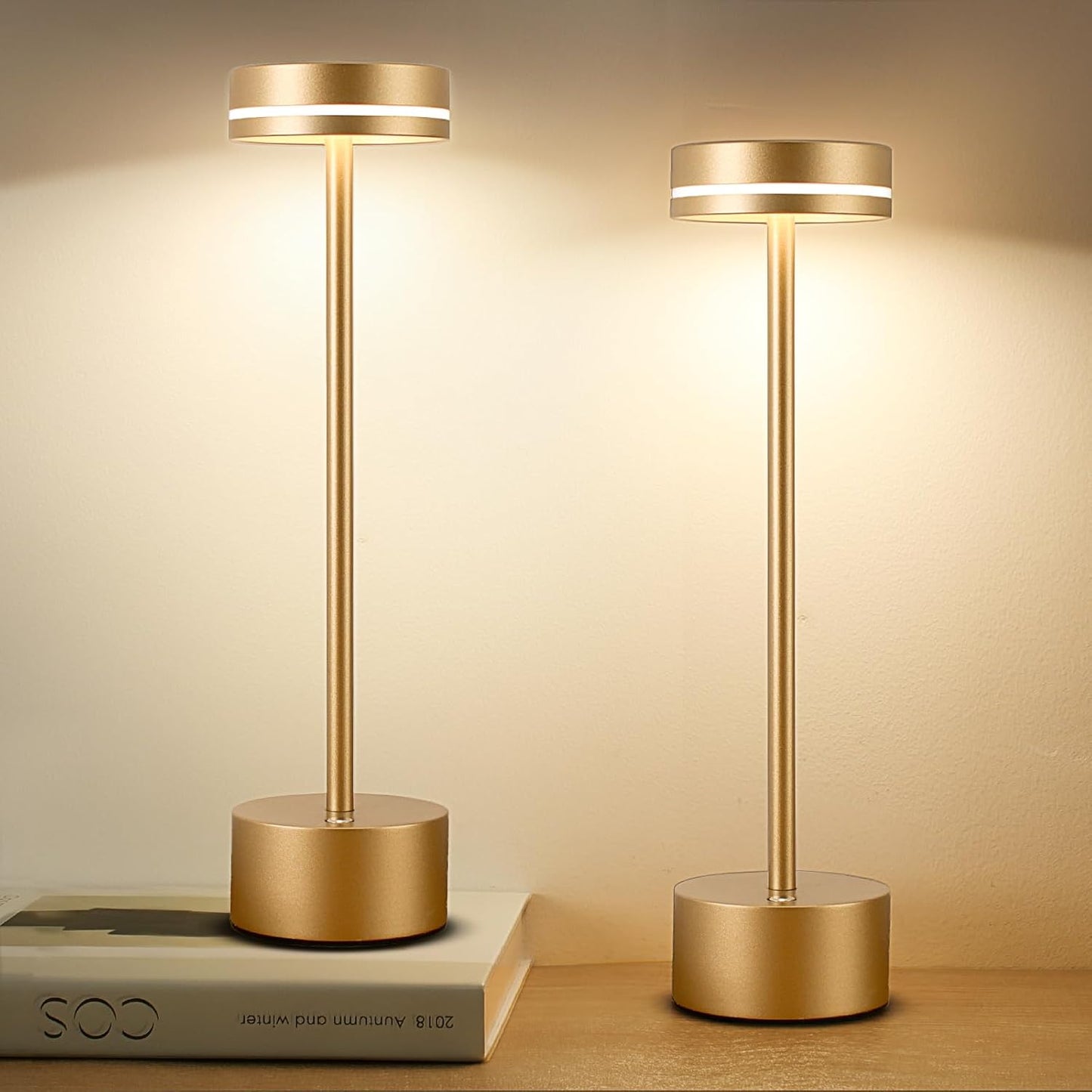 2 Pack LED Cordless Table Lamp Rechargeable, 5000mAh Portable Battery Operated Desk Touch Lamp, 3 Color Dimmable Table Light for Home Office/Dining/Nightstand for Home Décor – Champagne Gold