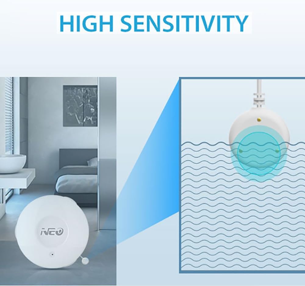 NEO Z-Wave Plus 700s Water Leak Sensor, Smart Water Detector for Home Security, Instant Alerts & App Notification, Requires Z-Wave Hub (Work with Home Assistant & Hubitat) with Long Range Probe