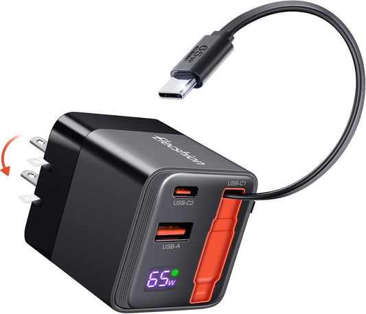 65W Retractable Wall Charger, USB C Charger Block Built-in Type C Cable | Dual Port, PD PPS Fast Charging GaN Power Adapter Travel Charger for MacBook,Lenovo IdeaPad,iPhone 16 Pro Max,Galaxy S24