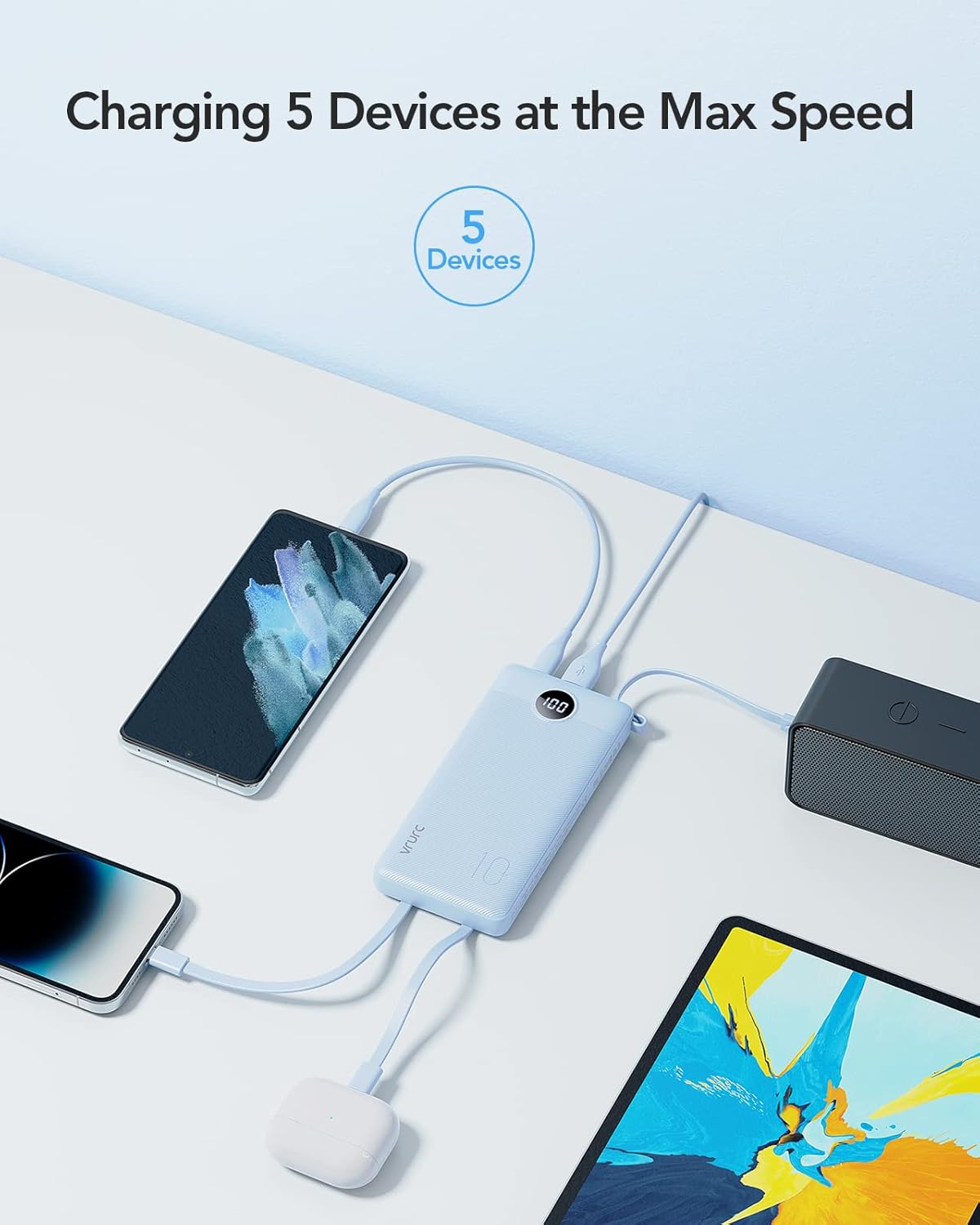VRURC Portable Charger for iPhone, Built in 4 Cables Power Bank 10000mAh | Compact USB C Charging Bank 5 Outputs for Multi Devices,Travel Essential for Hiking Camping Business Cruise Ship-Blue