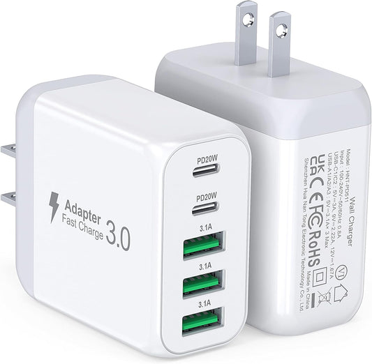 USB C Wall Charger Block, 2Pack 50W 5-Port C Charger Fast Charging Block PD Power Adapter +QC Multiport Type C Box Brick Cube USB A Wall Plug for iPhone 16/15/14 Pro Max Plus, iPad,Samsung Galaxy