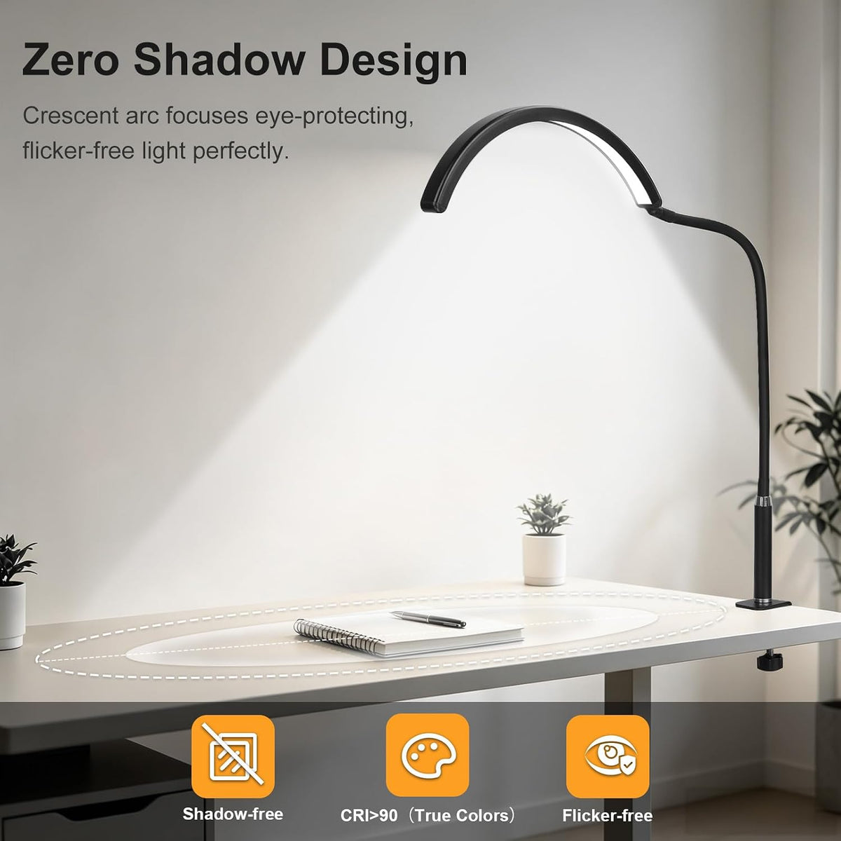Half Moon LED Desk Lamp with Clamp, Dimmable Eye-Caring Light with 3 Color Modes and Flexible Gooseneck, Shadow-Reducing Clip-On Lamp for Home Office, Study, Reading and Workbench