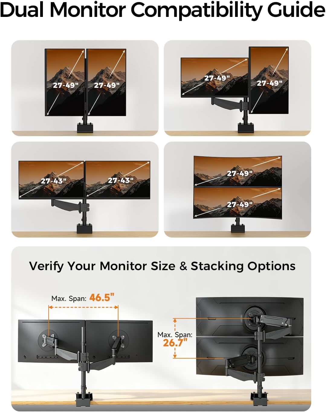 suptek Dual Monitor Arm Desk Mount for 17-49 Inch Ultrawide Monitors, Heavy Duty Dual Monitor Mount Holds 44 lbs, Full Motion Gas Spring Vertical Stacked Monitor Mount, 75/100 VESA Mount, Black