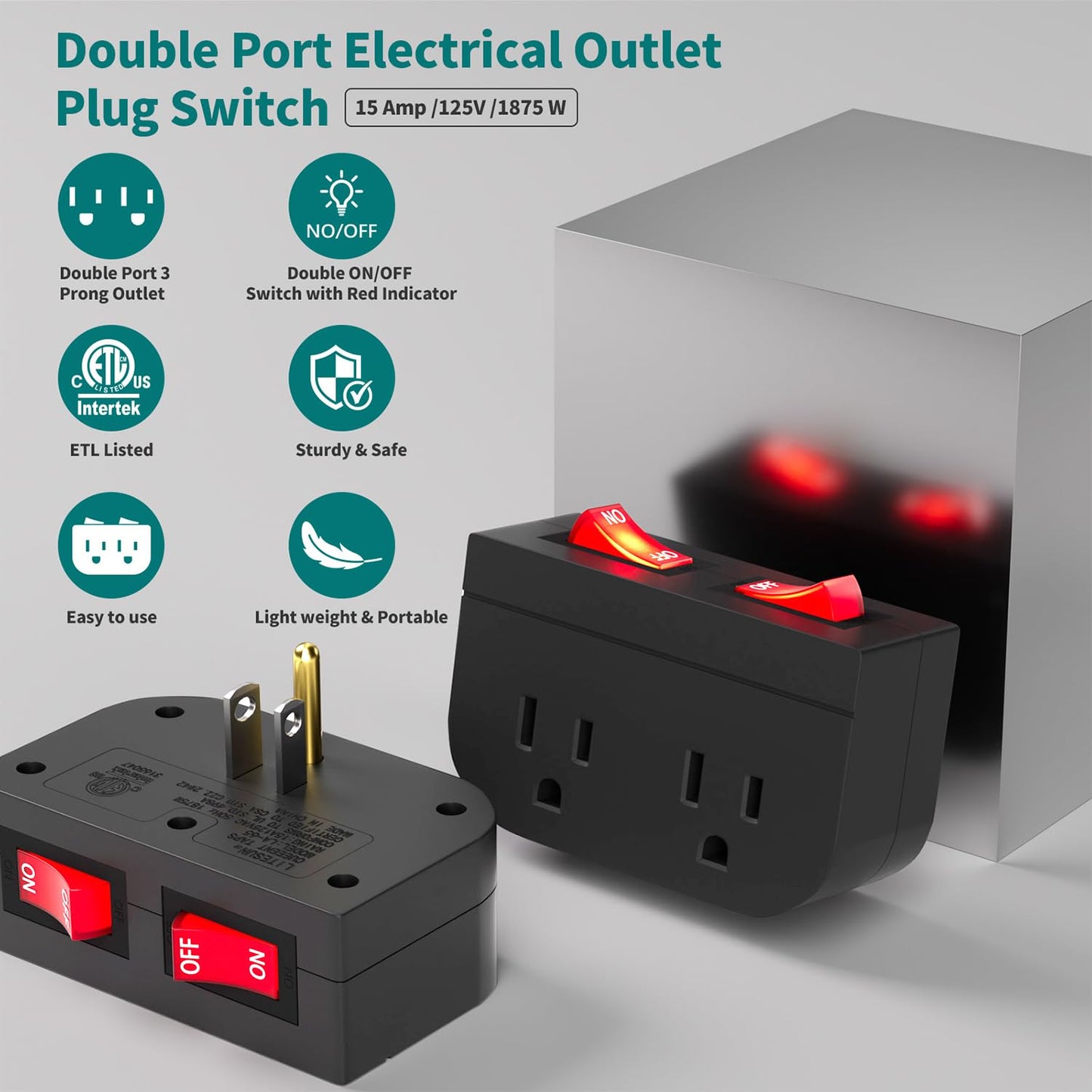 3Pack - POWAWINI Grounded Outlet with Double On Off Switch, Two Port Electrical Outlet Plug Switch, Wall Tap Adapter with Daul Red Indicator, 1875W,15A, ETL Listed (Black)