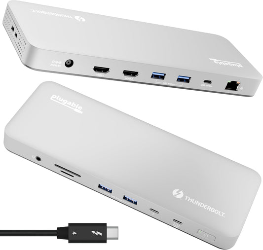 Plugable Thunderbolt 4 Dock for M4/M5 MacBook Air & Pro: 100W Charging Driverless Laptop Docking Station with 4K HDMI Dual Monitor or Single 6K, 6X USB, SD, Ethernet, Thunderbolt Certified (TBT-UDM)
