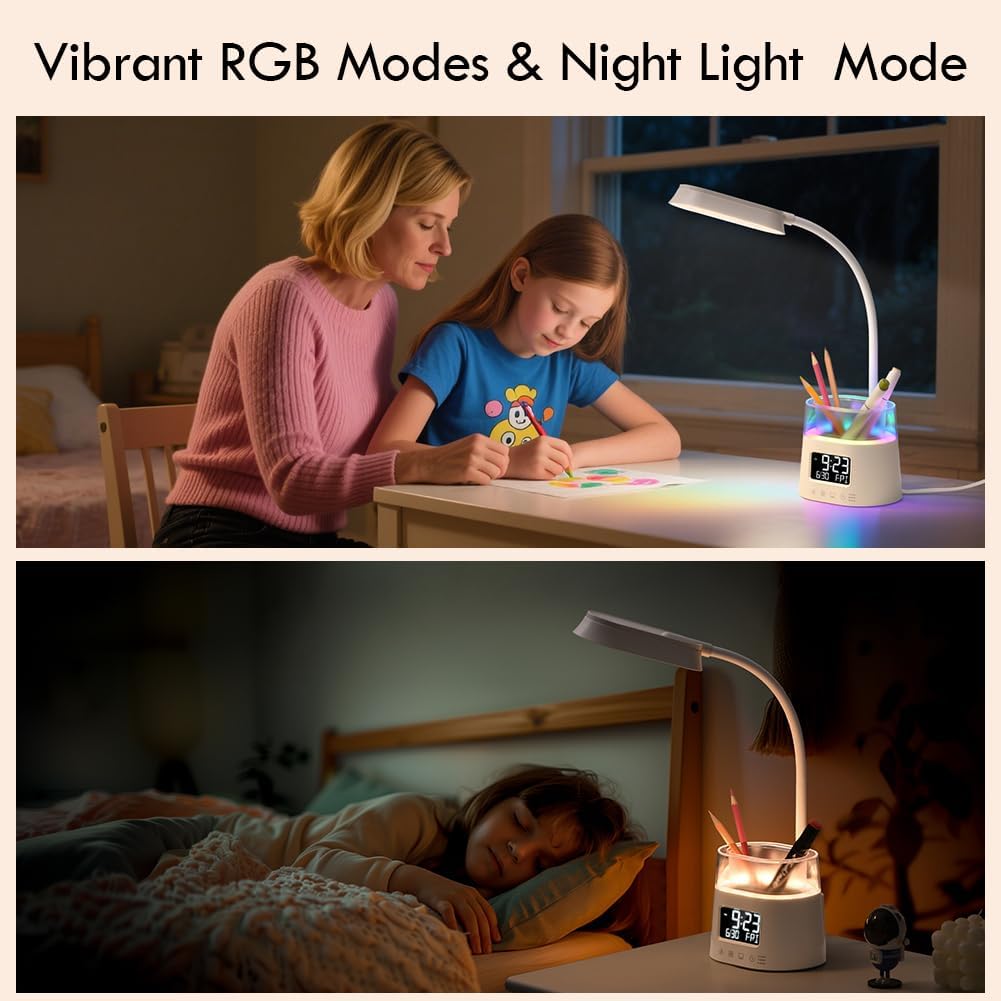 WILIT LED Desk Lamps for Home Office with Pen Holder, Table Lamp for Bedroom with USB Charging Port &amp; Clock, RGB Night Light, Study Lamp for Kids Girls, Desk Light for College Dorm Room Essentials